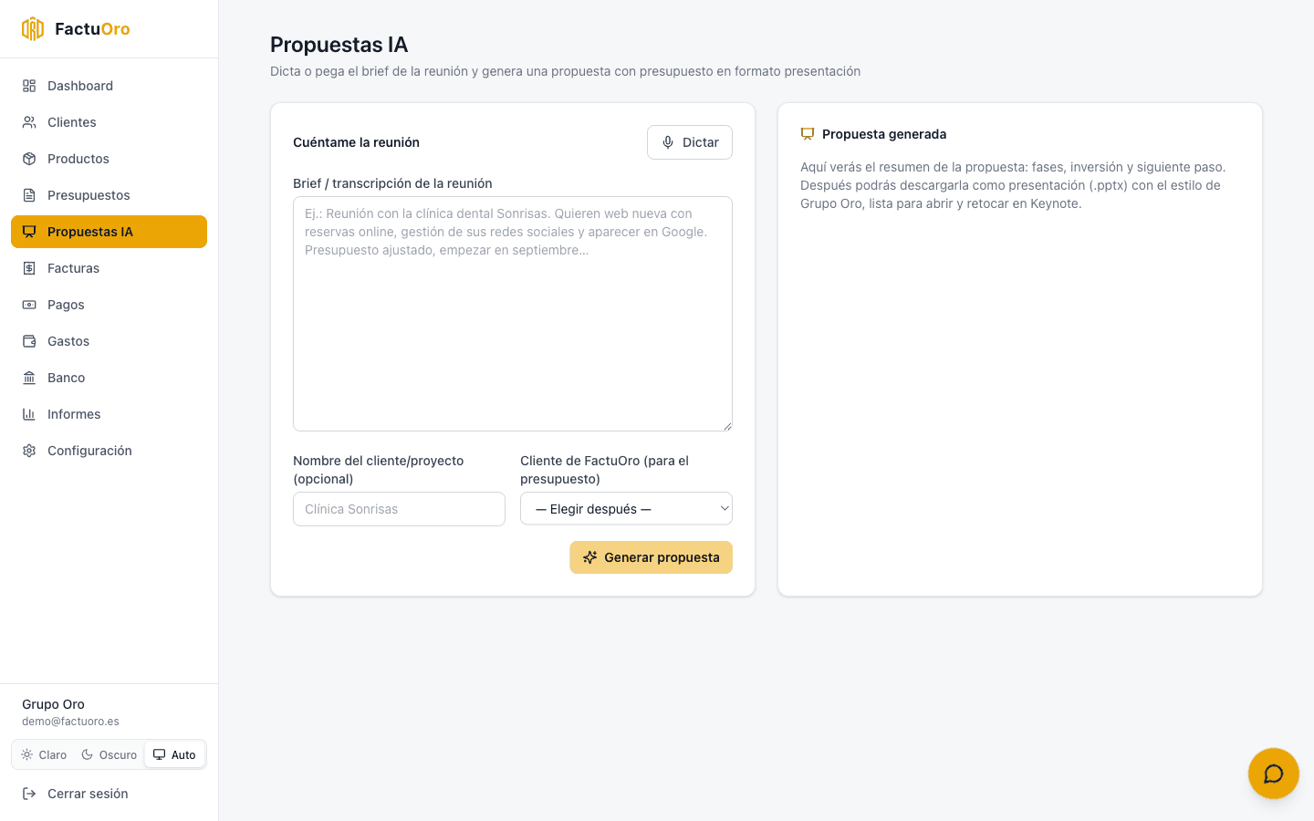 Generador de propuestas comerciales con IA de FactuOro